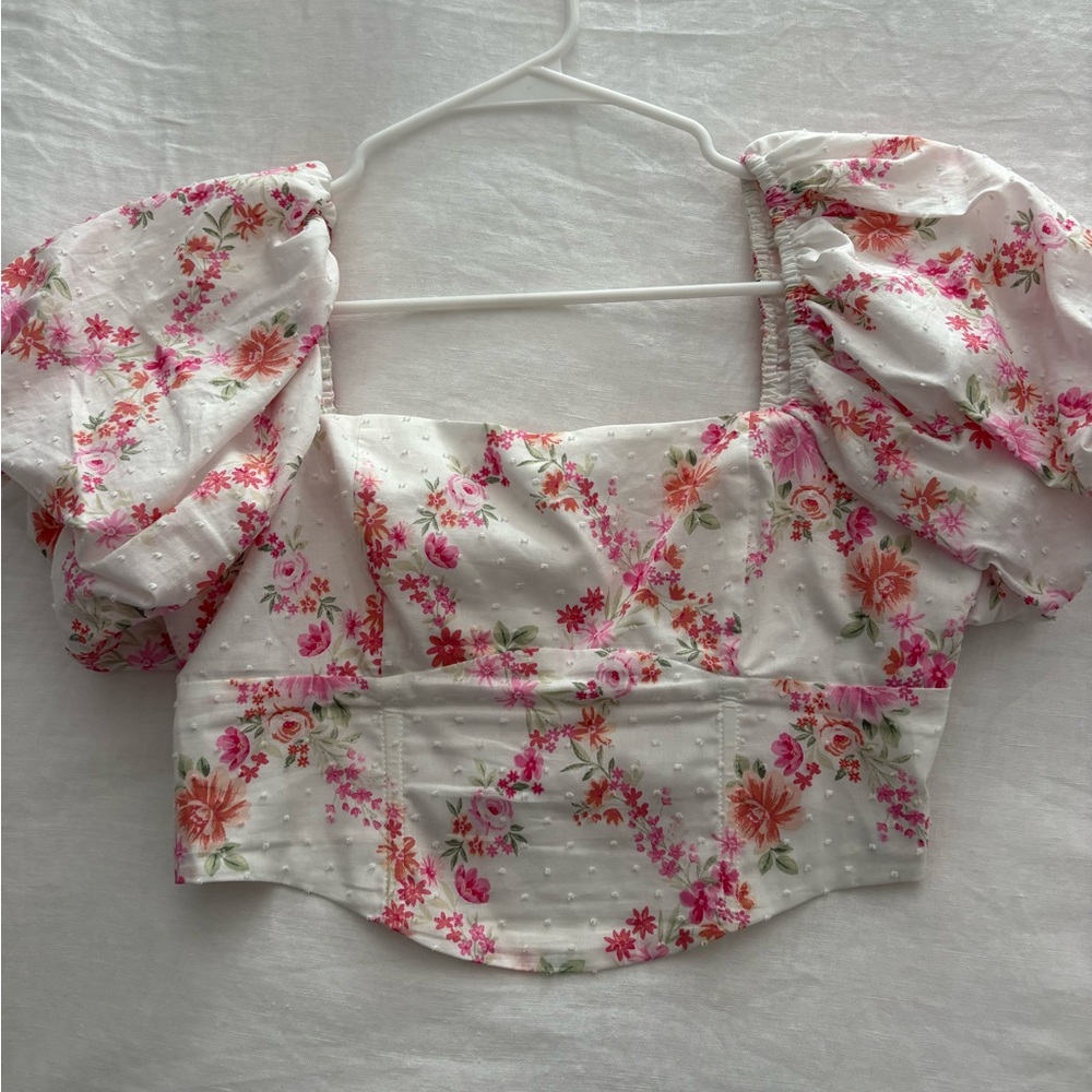 Altar’d State Floral Puff Sleeve Top - Pink and White